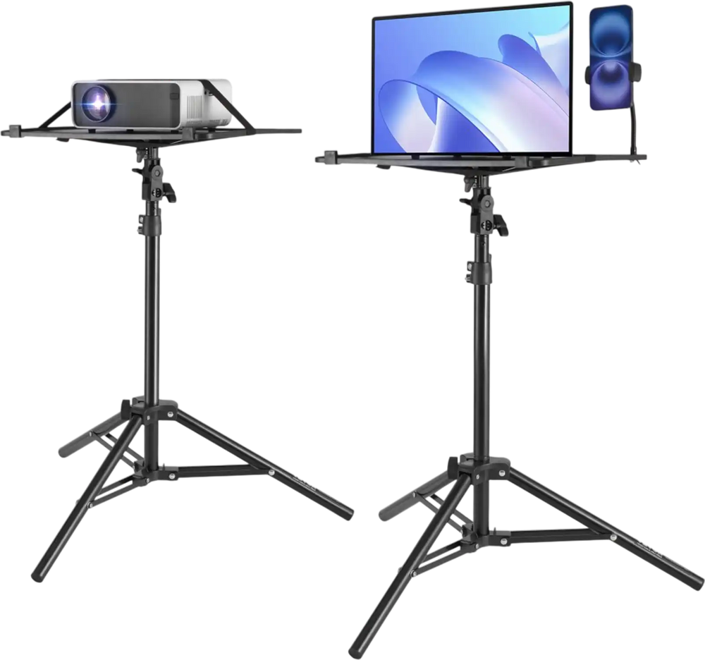 VEVOR Projector Stand, Laptop Stand Tripod Adjustable Height from 26.97 to 63 in, Portable Projector Tripod Stand with Tray & Gooseneck Phone Holder, for Outdoor Movies, Home, Office, Stage or Studio