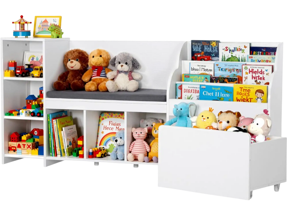 VEVOR Kids Reading Nook, Wooden Storage Bench with Backrest, Kids Bookshelf & Toy Organizer, Large Toy Box Chest for Playroom, Living Room or Entryway, Easy Assembly, 66.9 x 15.8 x 31.5 in, White
