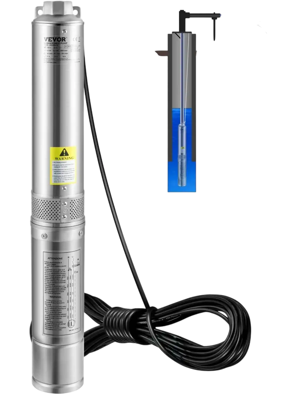 VEVOR Deep Well Submersible Pump, 1HP 230V/60Hz, 37gpm Flow 207ft Head, with 33ft Electric Cord, 4\" Stainless Steel Water Pump for Industrial, Irrigation&Home Use, IP68 Waterproof Grade