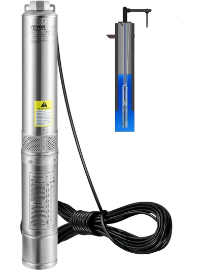 VEVOR Deep Well Submersible Pump, 1HP 230V/60Hz, 37gpm Flow 207ft Head, with 33ft Electric Cord, 4\