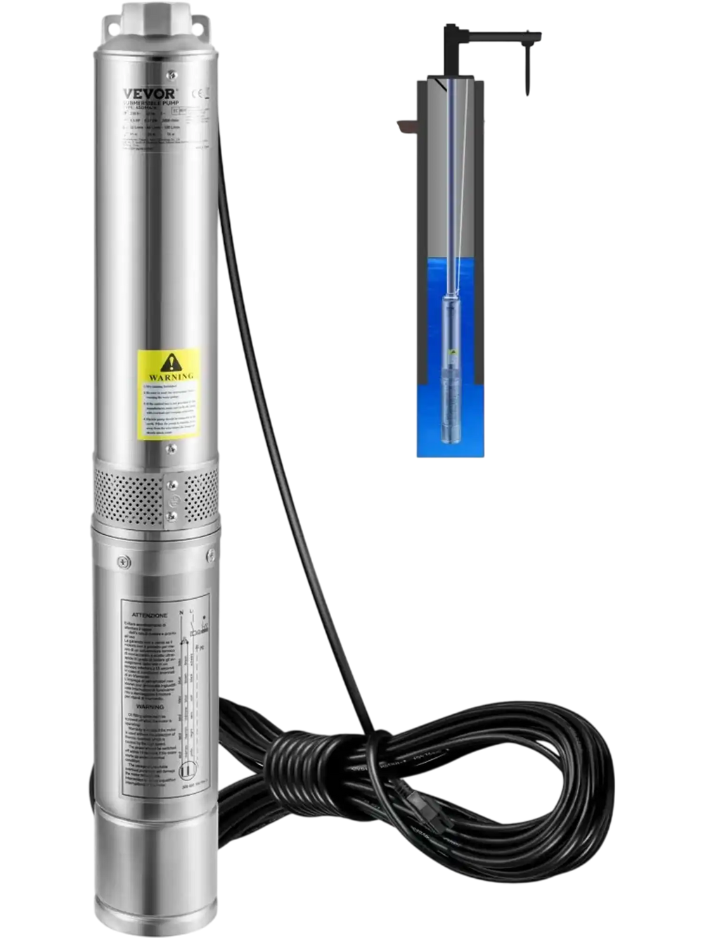 VEVOR Deep Well Submersible Pump, 0.5HP 115V/60Hz, 28gpm Flow 167ft Head, with 33ft Electric Cord, 4\" Stainless Steel Water Pumps for Industrial, Irrigation&Home Use, IP68 Waterproof Grade