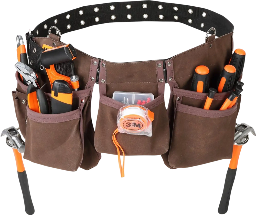VEVOR 13 Pockets Tool Belt, Adjusts from 29 Inches to 54 Inches, Leather Heavy Duty Tool Pouch Bag with Dual Hammer Loops, Tool Bag for Electrician, Carpenter, Handyman, Construction, Framer, Brown