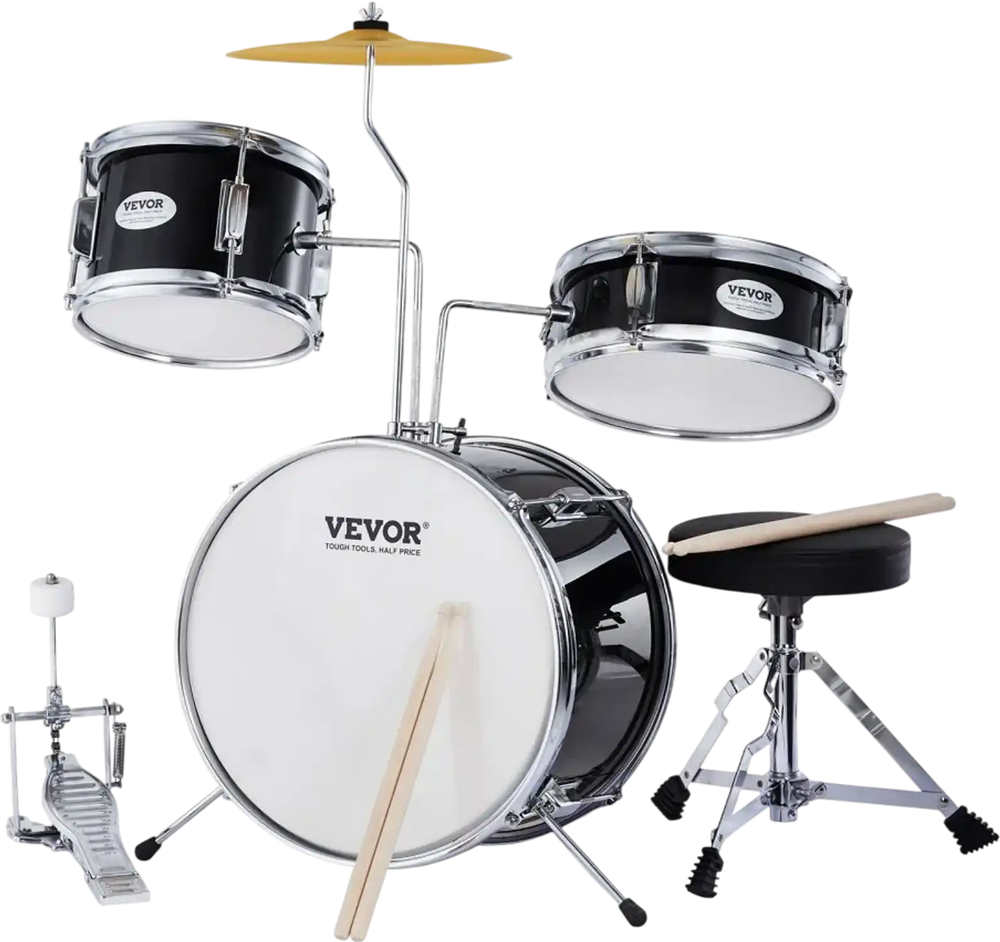 VEVOR Kids Drum Set, 3-Piece, 14 in Beginner Drum Set with Adjustable Throne Cymbal Pedal Two Pairs of Drumsticks, 8'' Tom Drum 10'' Snare Drum 14'' Bass Drum, Starter Drum Kit for Child Kids, Black