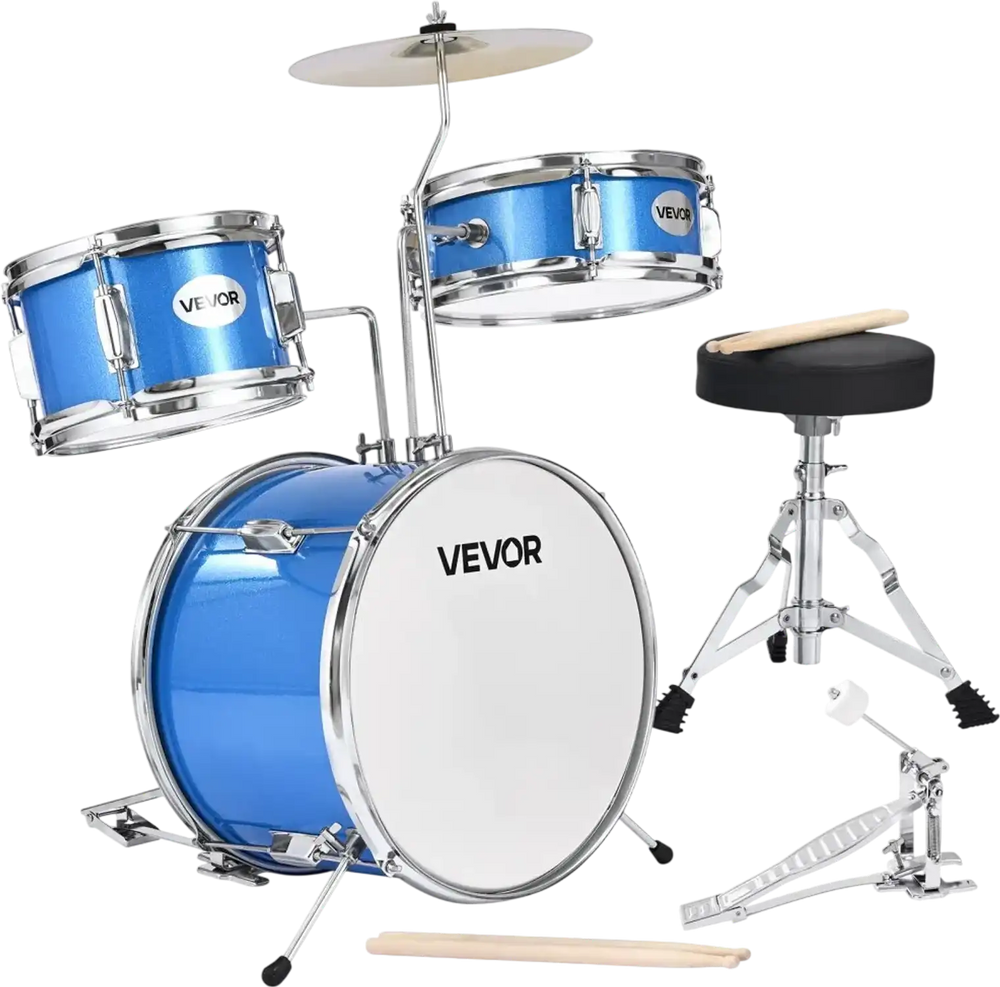 VEVOR Kids Drum Set, 3-Piece 14 in Junior Drum Sets, Beginner Drums Set with Adjustable Throne, Cymbal & Two Pairs of Drumsticks, Musical Learning Drums Instruments Kit, for Children Ages 6-13 (Blue)