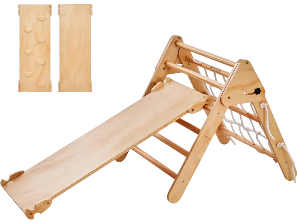VEVOR Pikler Triangle Set, 4 in 1 Toddler Climbing Toys Indoor Playground, Large Size Wooden Climbing Gym for Toddlers 1-3 Years, Montessori Climbing Set with Triangle and Ramp, Wood Color
