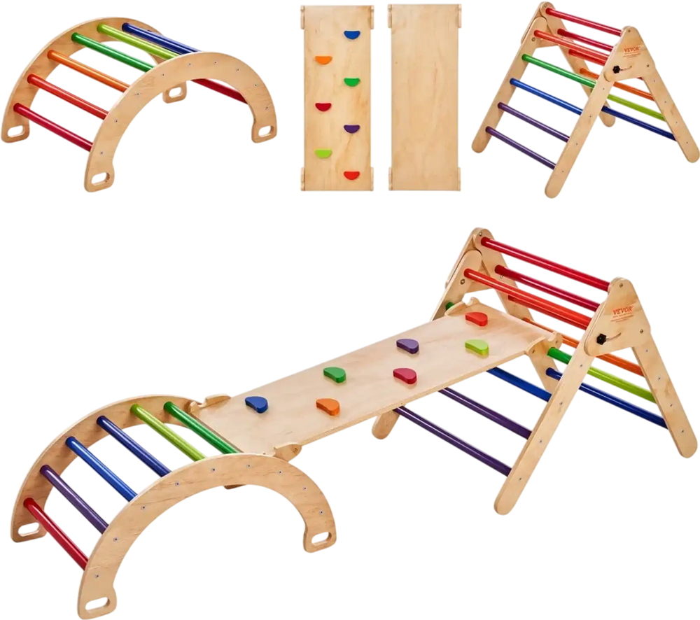 VEVOR Pikler Triangle Set, 5 in 1 Toddler Climbing Toys Indoor Playground, Large Size Wooden Climbing Gym for Toddlers 1-3 Years, Montessori Climbing Set with Triangle, Ramp, and Arch, Colorful