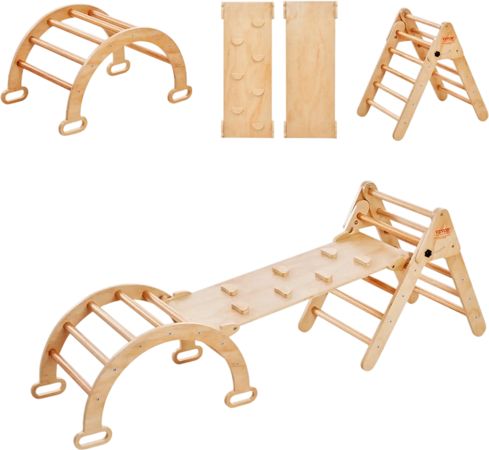 VEVOR Pikler Triangle Set, 5 in 1 Toddler Climbing Toys Indoor Playground, Ramp, and Arch, Montessori Climbing Set with Triangle, Medium Size Wooden Climbing Gym for Toddlers 1-3 Years, Wood Color