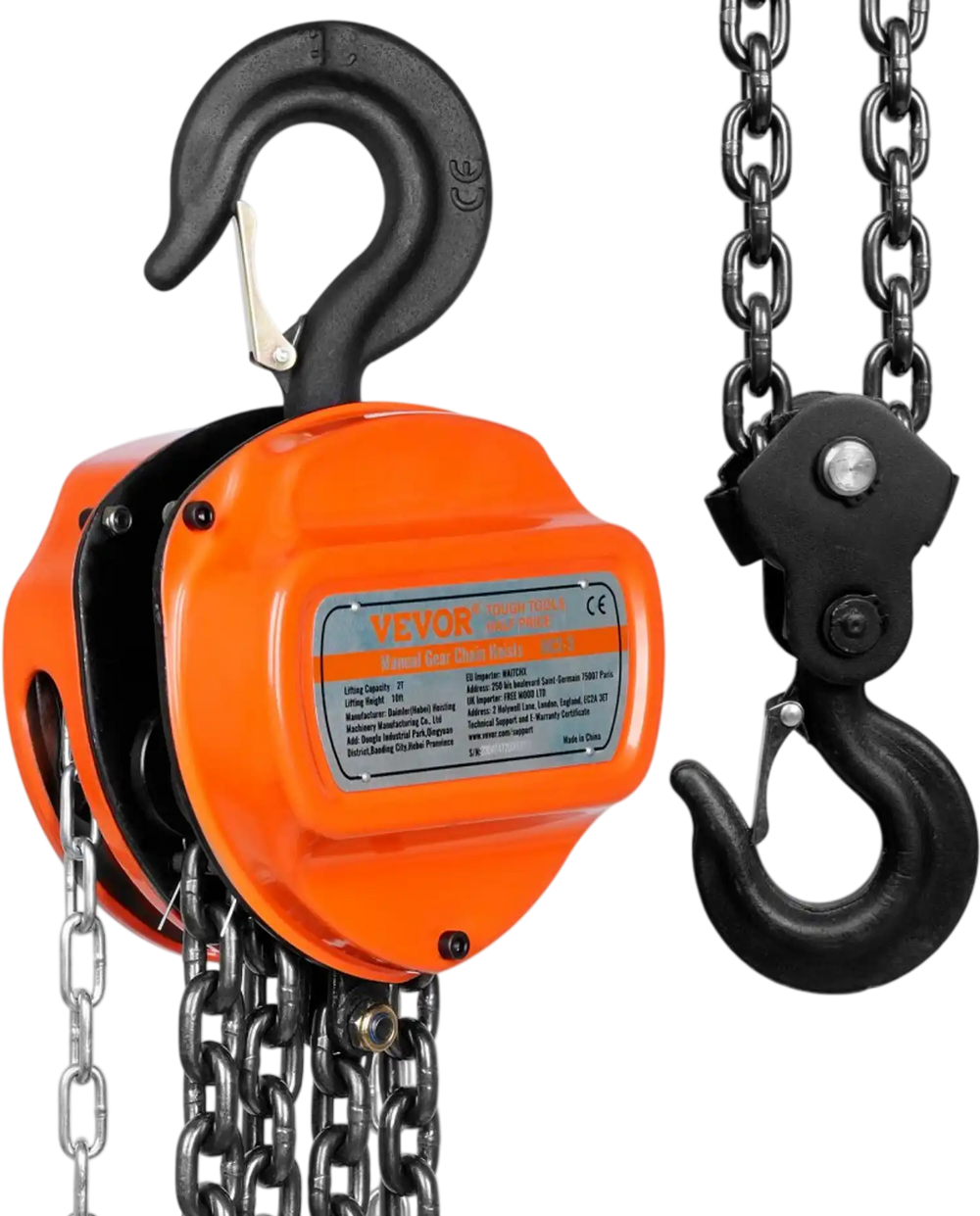 VEVOR  2 Ton Hand Chain Hoist 10 FT Come Along, 4400 lbs Capacity G80 Galvanized Carbon Steel with Double-Pawl Brake, Auto Chain Leading & 360° Rotation Hook, for Garage Factory Dock