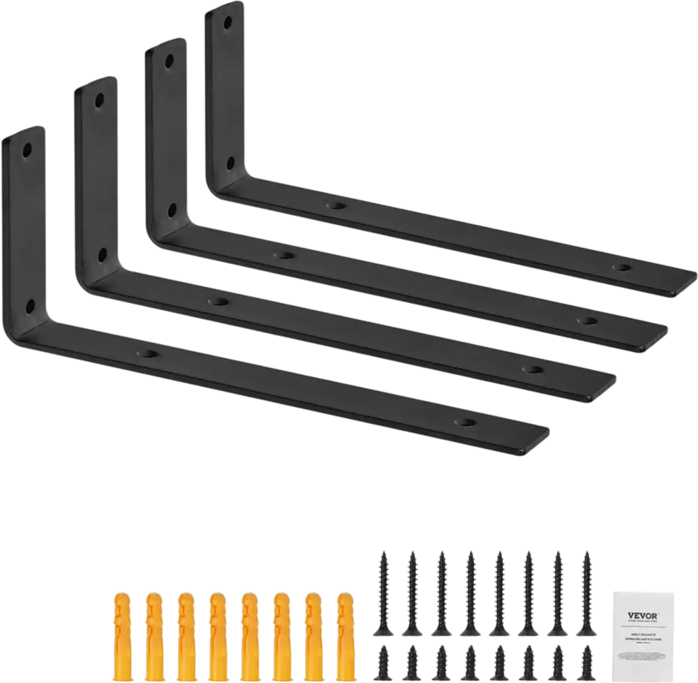 VEVOR Shelf Bracket, Heavy Duty Floating Shelf Brackets 10 x 6 in, 4 Pcs Brackets for Shelves, 5mm Thick Matte Black L Shelf Bracket,Steel Shelving Brackets with 160 lbs Load Capacity