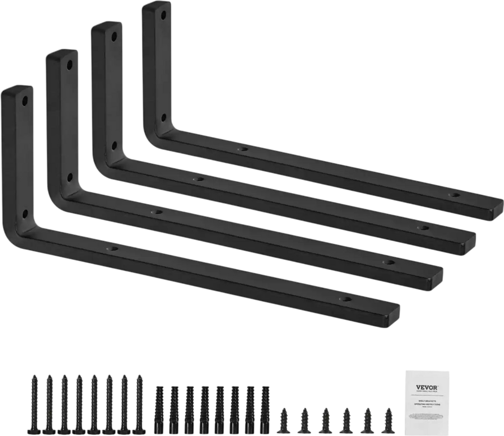 VEVOR Shelf Bracket, 16 x 6 in 4 Pcs, Heavy Duty Floating Shelf Brackets, Brackets for Shelves, 10mm Thick Matte Black L Shelf Bracket,Steel Shelving Brackets with 160 lbs Load Capacity