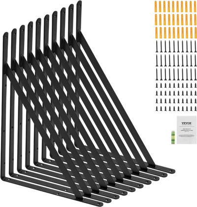 VEVOR Shelf Bracket, 12 x 8 in 10 Pcs, Heavy Duty Floating Shelf Brackets, Brackets for Shelves, 3mm Thick Matte Black Triangle Shelf Bracket,Steel Shelving Brackets with 160 lbs Load Capacity
