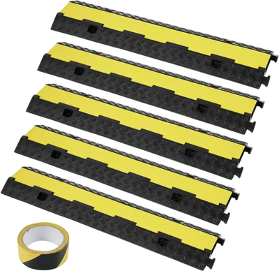 VEVOR 5-Piece Rubber Cable Guard, Dual Channel, 12000 lbs per Axle Load Capacity, Durable Hose & Wire Protection Ramp for Driveways, with Easy Access Top & 50 ft Caution Tape for Both Indoor & Outd