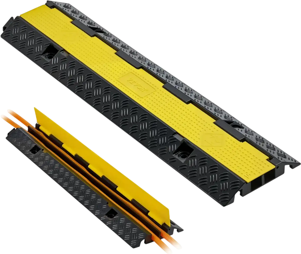VEVOR Cable Protector Ramp, 22,000 lbs/axle Capacity, 2 Channel Heavy Duty Rubber Cord Hose Wire Cover, 1.3 x 1.2 in Channel, Traffic Speed Bump with Flip-Open Top Cover, for Indoor Outdoor, 1 Pack