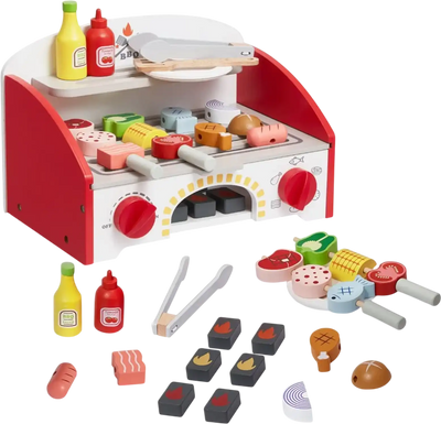 VEVOR Kids BBQ Grill Playset, Wooden Grill Playset With Realistic Carbon Fire, Wooden Play Food Kitchen Accessory (26 PCS), Indoor/Outdoor Interactive Pretend Play Toys for Boys Girls Ages 3+ Gift