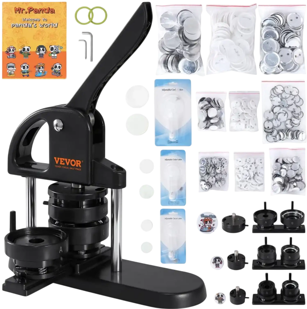 VEVOR Button Maker, 1/1.25/2.28 inch(25/32/58mm) 3-IN-1 Pin Maker, with 300pcs Button Parts, Button Maker Machine with Panda Magic Book, Ergonomic Arc Handle Punch Press Kit, For Children DIY Gifts
