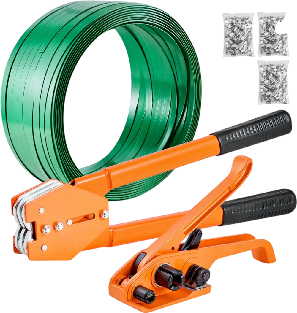 VEVOR Banding Strapping Kit, Heavy Duty Banding Sealer Tool with 1000 ft Length PET Band, 300 Metal Seals, Plastic Manual Pallet Packaging Strapping Kit for Warehouse/Shipping/Moving/Home, Orange