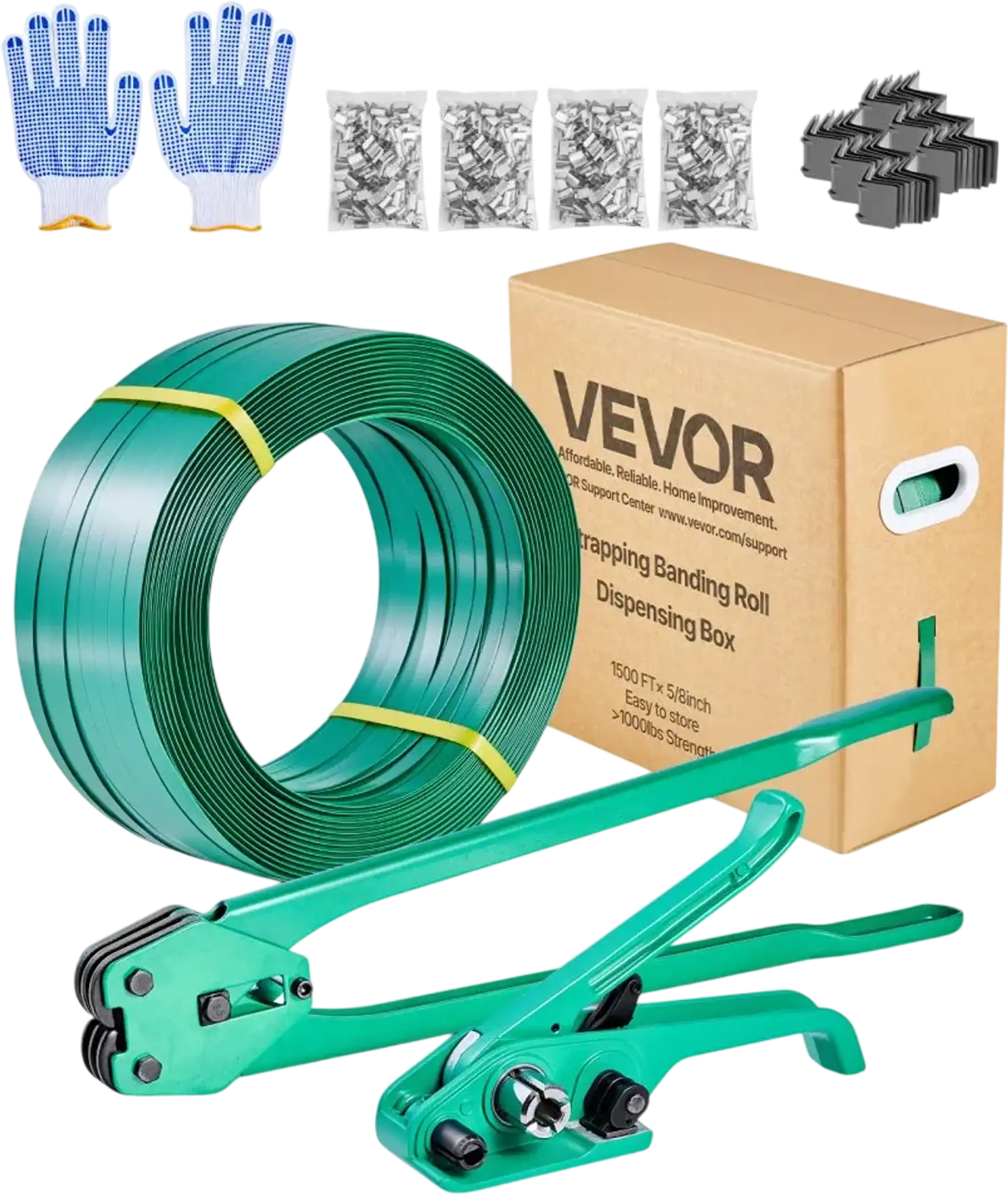 Vevor Strapping Kit Heavy-Duty Manual Banding Sealer Tool with 1500' PET Band, 450 Metal Seals, 150 Corner Protectors & Gloves New