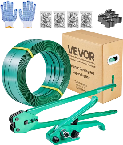 VEVOR Banding Strapping Kit, Heavy Duty Banding Sealer Tool with 1500 ft PET Band, 450 Metal Seals, 150 Corner Protectors & Gloves, Plastic Pallet Packaging Strapping Kit for Warehouse/Shipping/Moving