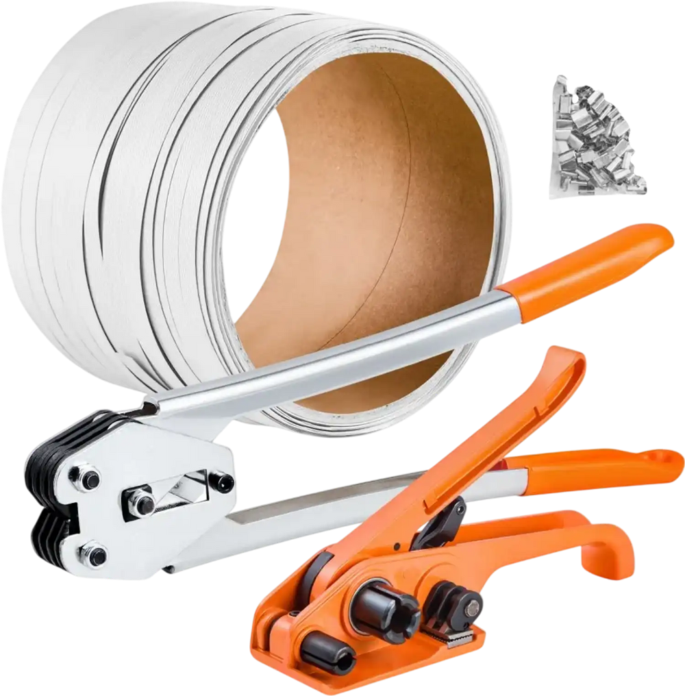 VEVOR Banding Strapping Kit, Heavy Duty Banding Sealer Tool with 330 ft Length PP Band, 100 Metal Seals, Plastic Manual Pallet Packaging Strapping Kit for Warehouse/Shipping/Moving/Home, Orange