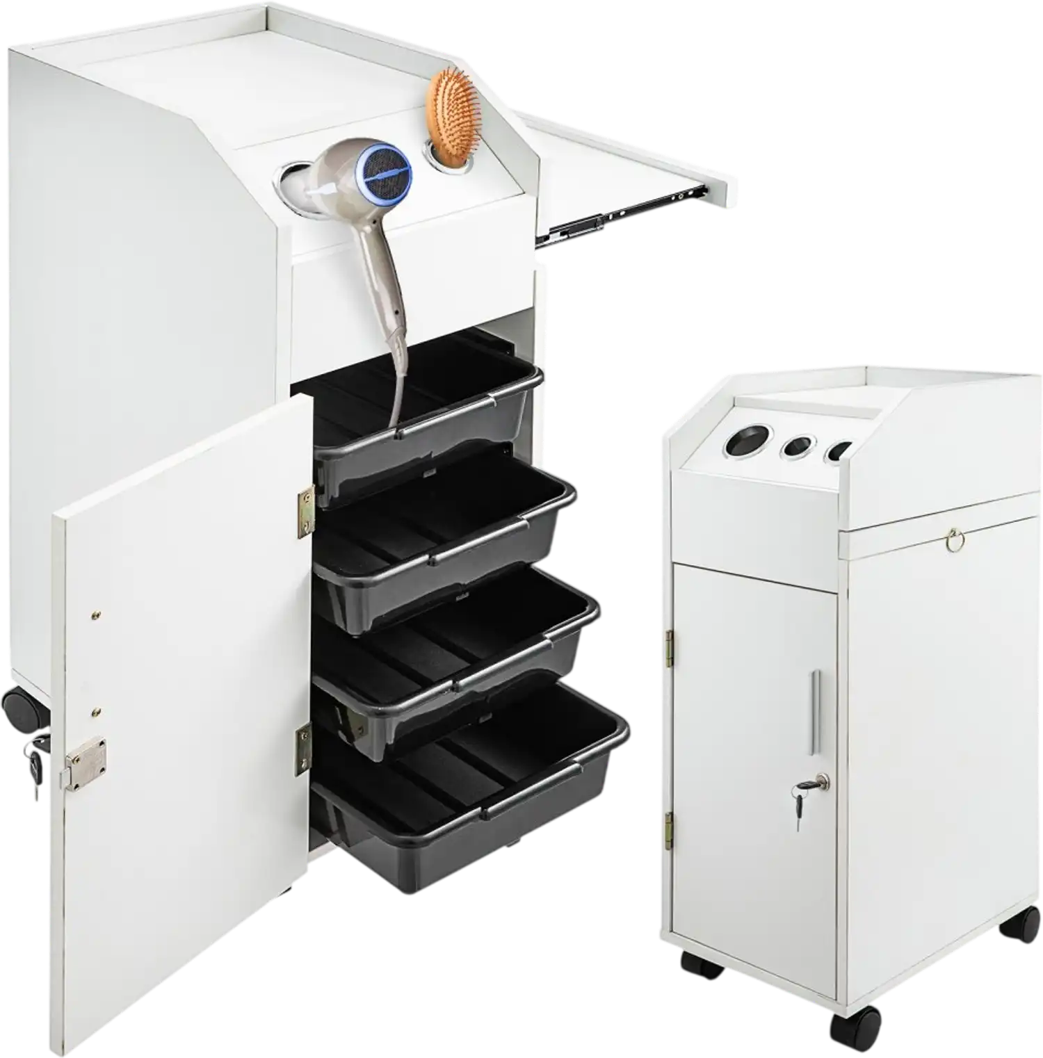 Vevor Salon Cart White Storage Trolley with 4 Drawers Rolling Wheels Lockable 2 Keys Hairdryer Holder Side Tray New