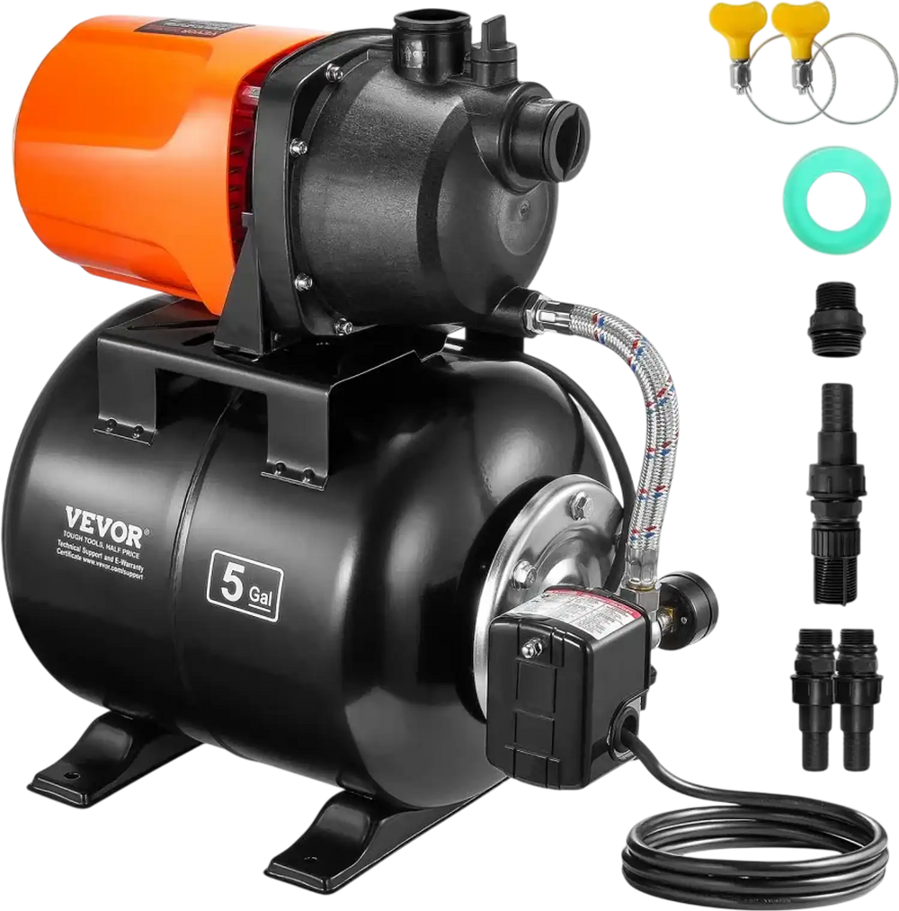 VEVOR 1 HP Shallow Well Pump with Pressure Tank, 1000 GPH/3700 L/H, Automatic Irrigation Water Booster Pump with 164 ft Lift 20/40 PSI Pressure Switch, Thermoplastic Pump Head for Home Garden Lawn