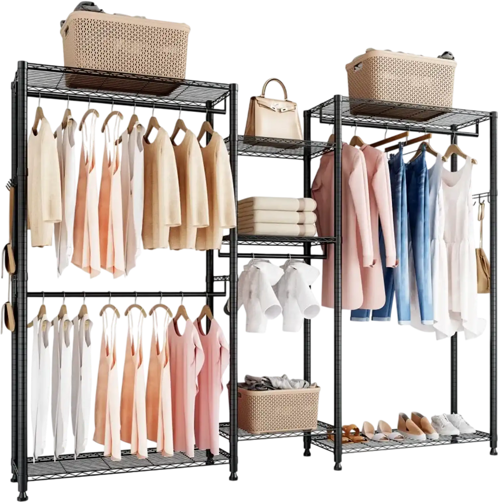 VEVOR Clothing Garment Rack, Heavy Duty Closet Wardrobe, 7 Adjustable Tiers Clothes Racks with Steel Frame, 850 lbs Load Capacity Clothes Rack with 4 Hanging Rods for Bedroom, Clothing Store, Hallway