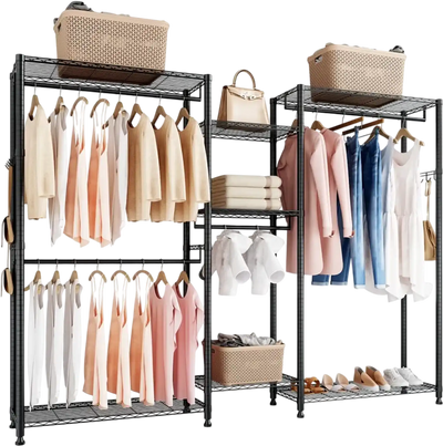 VEVOR Clothing Garment Rack, Heavy Duty Closet Wardrobe, 7 Adjustable Tiers Clothes Racks with Steel Frame, 850 lbs Load Capacity Clothes Rack with 4 Hanging Rods for Bedroom, Clothing Store, Hallway
