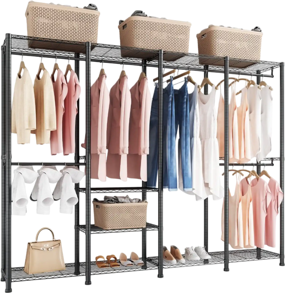 VEVOR Clothing Garment Rack, Heavy Duty Closet Wardrobe, Adjustable Tiers Clothes Racks with Steel Frame, 1100 lbs Load Capacity Clothes Rack with 4 Hanging Rods for Bedroom, Clothing Store, Hallway