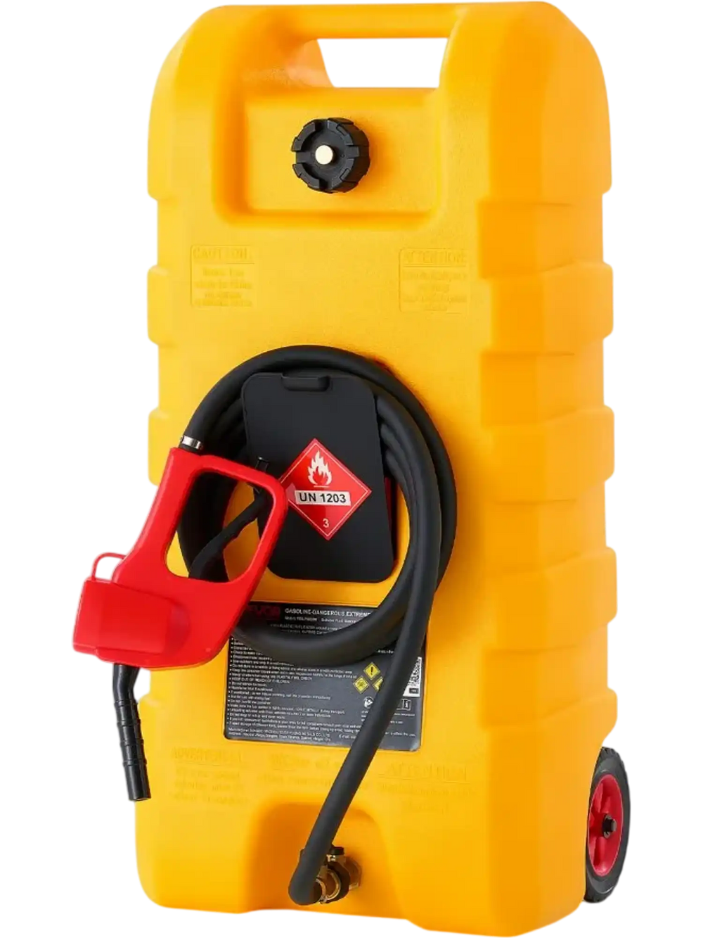 VEVOR 15 Gallon Fuel Caddy Portable Fuel Gas Transfer Tank with Manual Pump, for Gasoline Diesel Storage, Car, ATV, Boat, Lawn Mower, Motorcycle, Tractor, Gas Container Can with Wheels & Hose, Yellow