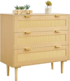 VEVOR 3 Drawer Rattan Dresser, Modern Closet Dresser for Bedroom, Natural Rattan Chest of Drawers with Metal Handles & Wooden Legs, Chest Clothing Organizer & Storage for Bedroom, Living Room, Hallway