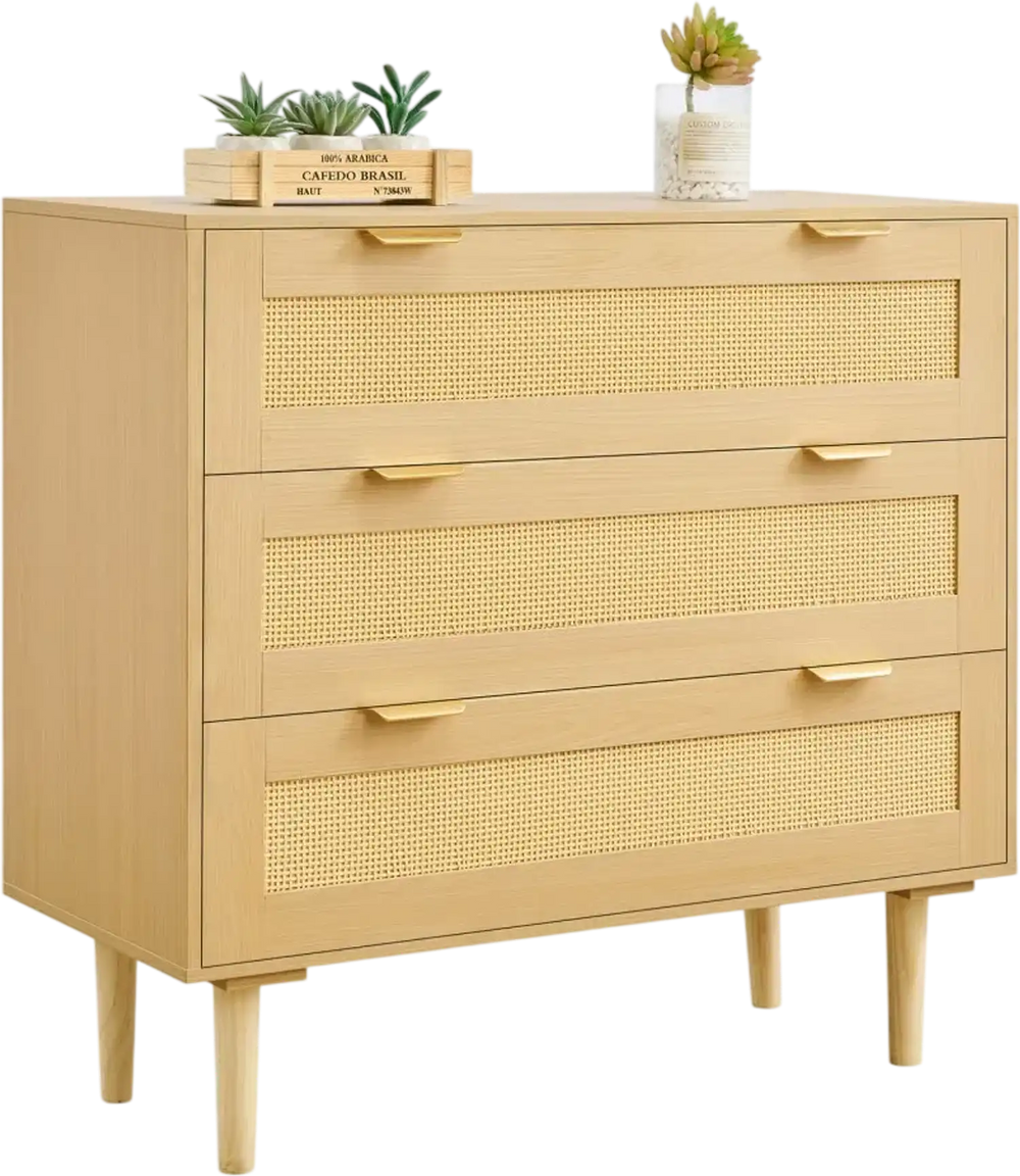 VEVOR 3 Drawer Rattan Dresser, Modern Closet Dresser for Bedroom, Natural Rattan Chest of Drawers with Metal Handles & Wooden Legs, Chest Clothing Organizer & Storage for Bedroom, Living Room, Hallway