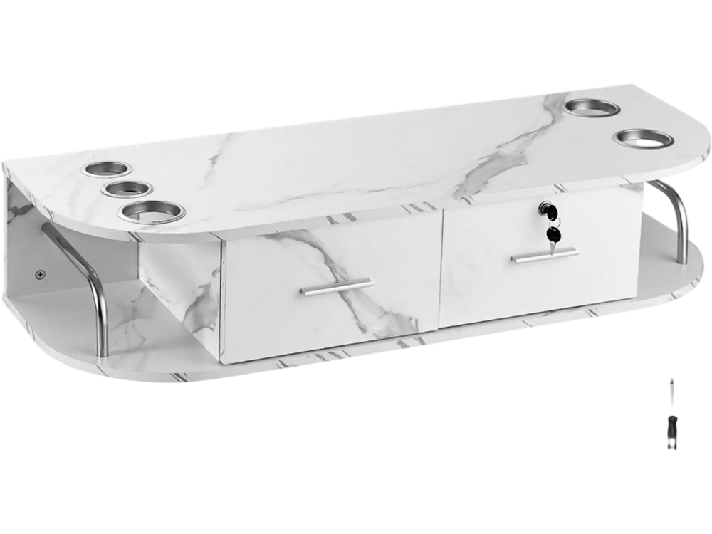 VEVOR Wall-Mounted Salon Station, Equipped with 5 Holders for Hair Dryers, Includes 2 Drawers (One with Lock), Ideal for SPA, Barber Shops, Home & Bathroom Use, in Elegant Marble White