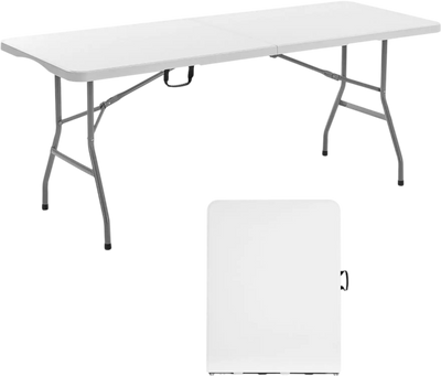 VEVOR Folding Table, 6 Ft Heavy Duty Portable Fold-in-Half Utility Table, Indoor Outdoor Plastic Rectangle Table with Built in Handle, for Party, Dining, Wedding, Events, Picnic, Camping, White