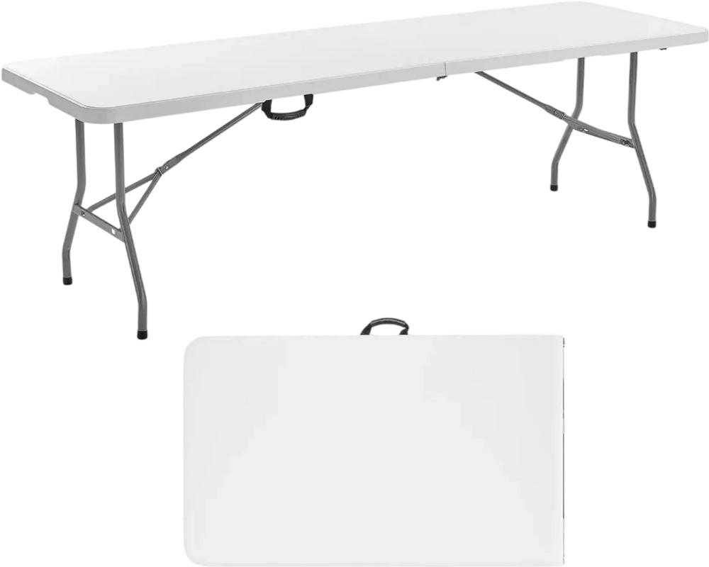 VEVOR Folding Table, 8 Ft Heavy Duty Portable Fold-in-Half Utility Table, Indoor Outdoor Plastic Rectangle Table with Built in Handle, for Party, Dining, Wedding, Events, Picnic, Camping, White