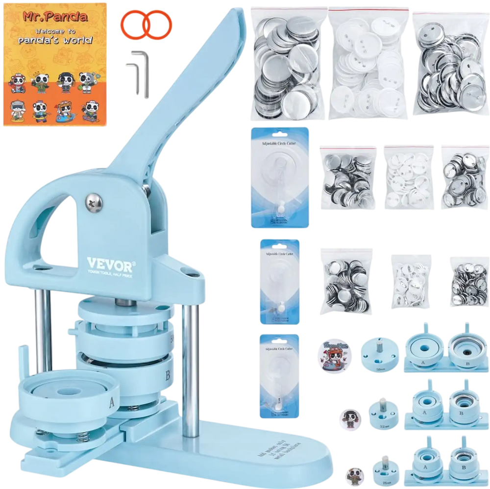 VEVOR 3-IN-1 Button Maker, 1/1.25/2.28 inch(25/32/58mm) Pin Maker, 300pcs Button Parts, Button Maker Machine with Panda Magic Book, Ergonomic Arc Handle Punch Press Kit, For Children DIY Gifts, Blue