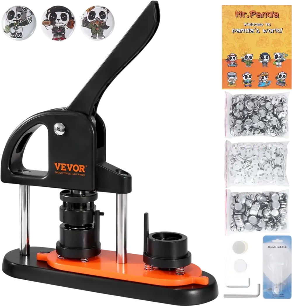 VEVOR Button Maker Machine, 0.98 inch/25mm Pin Maker with 500pcs Button Parts, Button Maker with Panda Magic Book, Ergonomic Arc Handle Punch Press Kit, For Children DIY Gifts and Christmas