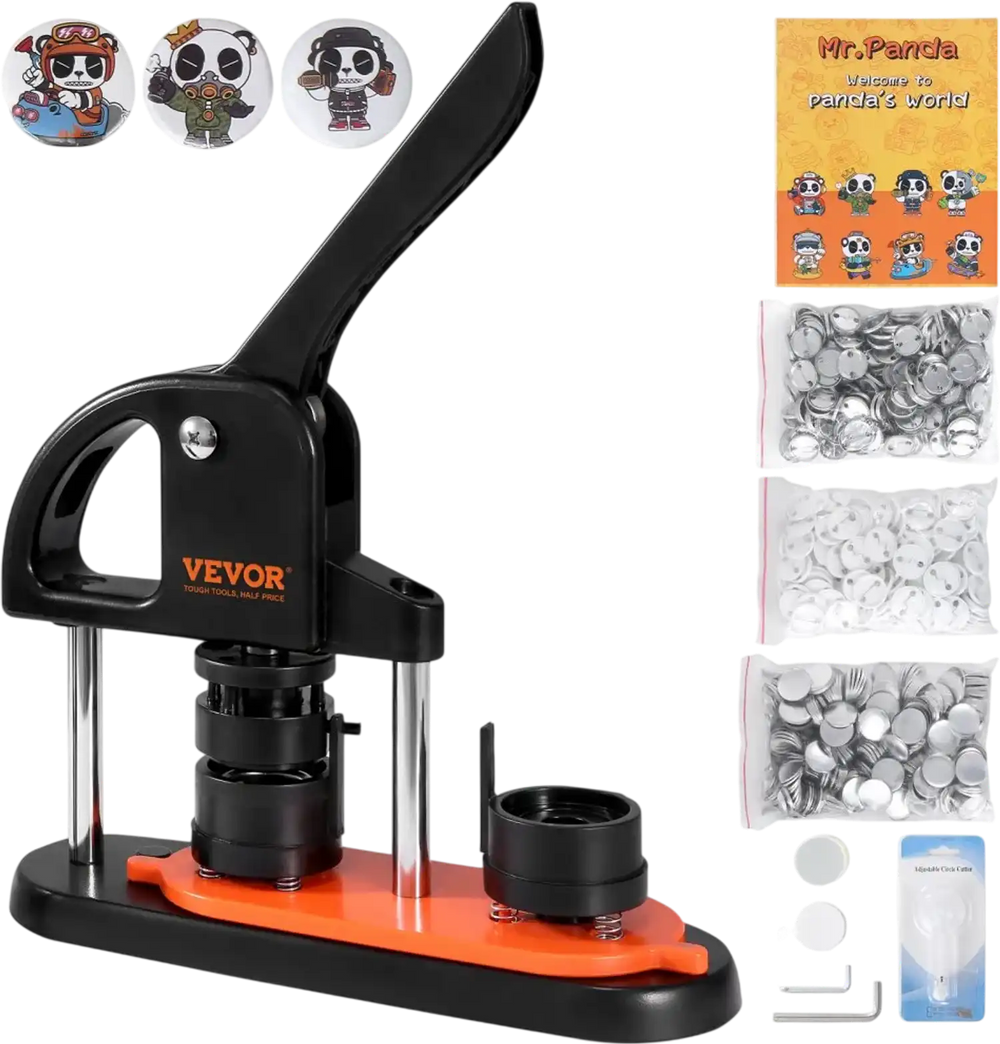 VEVOR Button Maker, 1.25 inch/32mm Pin Maker with 500pcs Button Parts, Ergonomic Arc Handle Punch Press Kit, Button Maker Machine with Panda Magic Book, For Children DIY Gifts and Christmas
