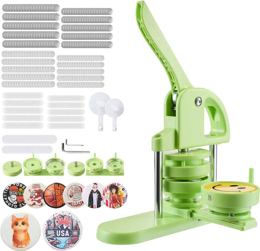 VEVOR Button Maker Machine, 2.28/2.95 inch 2-in-1, Plastic Pin Maker with 200 pcs Button Parts, Circle Cutter and Magic Book, Reinforced Ergonomic Handle, for DIY Badges, Personalized Pins, Green