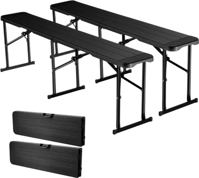 VEVOR Plastic Folding Bench, 6 ft Portable Bench for Outdoor Picnic Party Camping Dining, Foldable Smooth HDPE Seat for Garden Soccer Multipurpose Entertaining Activities, 2 Pack, 2 Carry Bags, Black