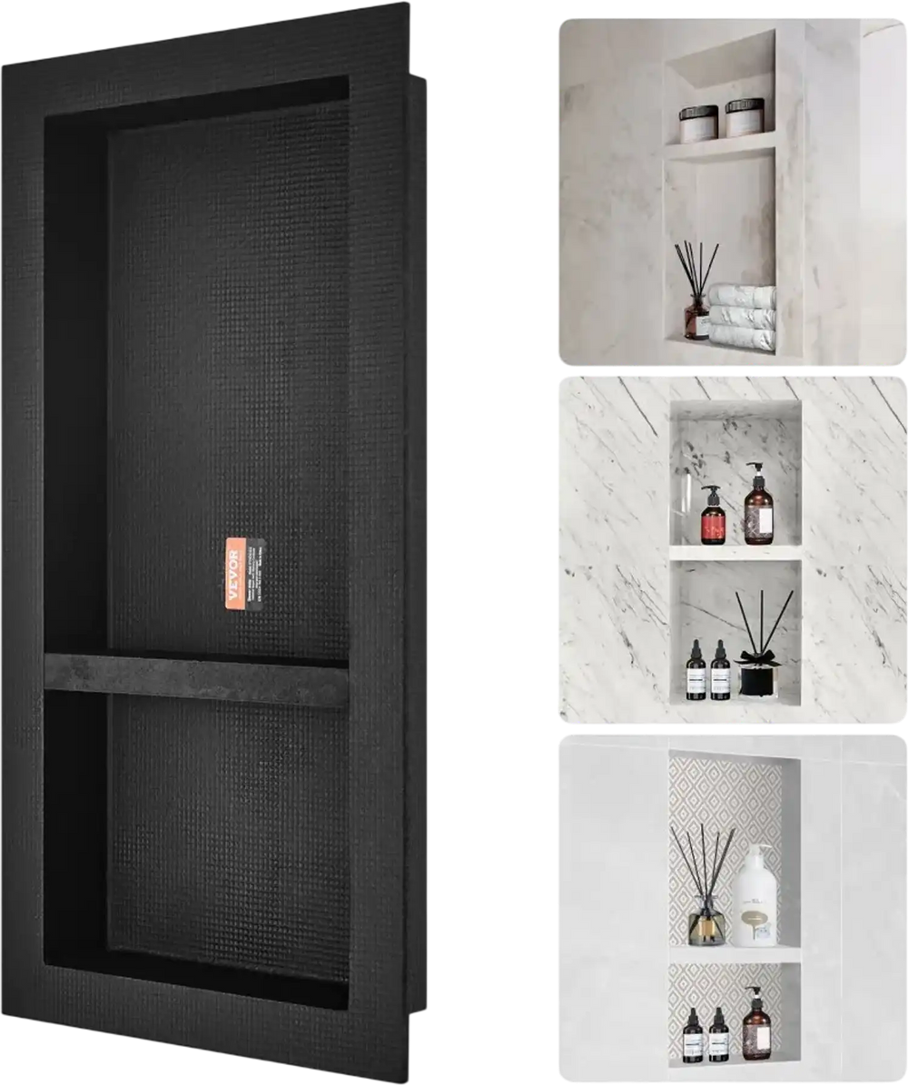 VEVOR Shower Niche Ready for Tile 16" x 32", Double Shelf Organizer, Square Corners Wall-inserted Niche Recessed, Sealed Protection Modern Soap Storage Niche for Shower Bathroom, Black
