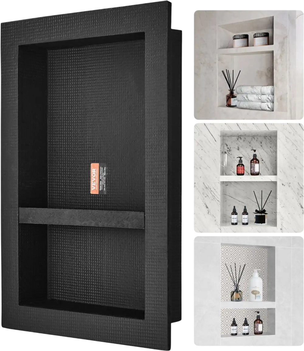 VEVOR Shower Niche Ready for Tile 16" x 24", Double Shelf Organizer, Square Corners Wall-inserted Niche Recessed, Sealed Protection Modern Soap Storage Niche for Shower Bathroom, Black
