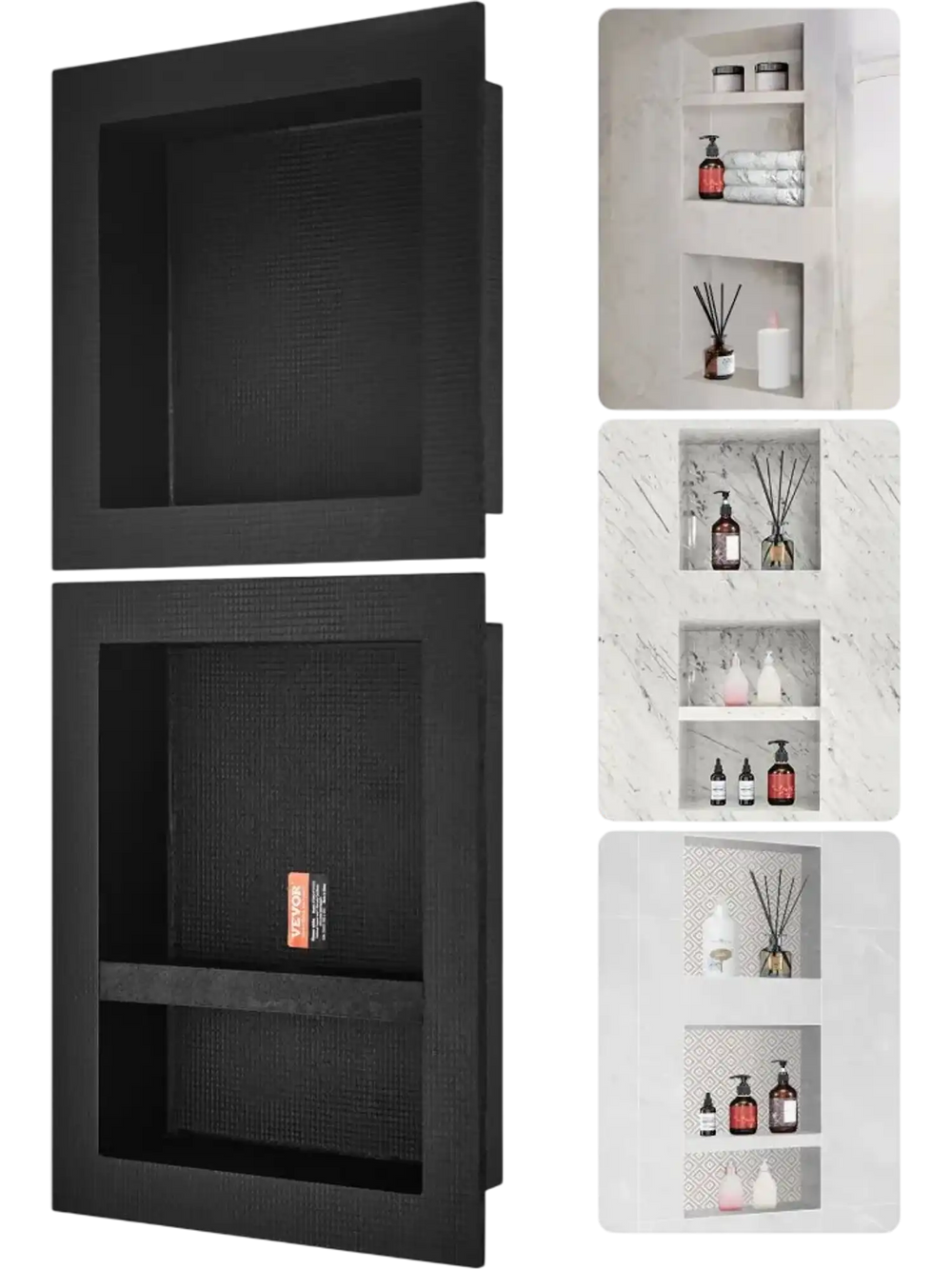 VEVOR Shower Niche Ready for Tile 16" x 16" & 16" x 20", Triple Shelf Organizer, Square Corners Wall-inserted Niche Recessed, Sealed Protection Modern Soap Storage Niche for Shower Bathroom, Black