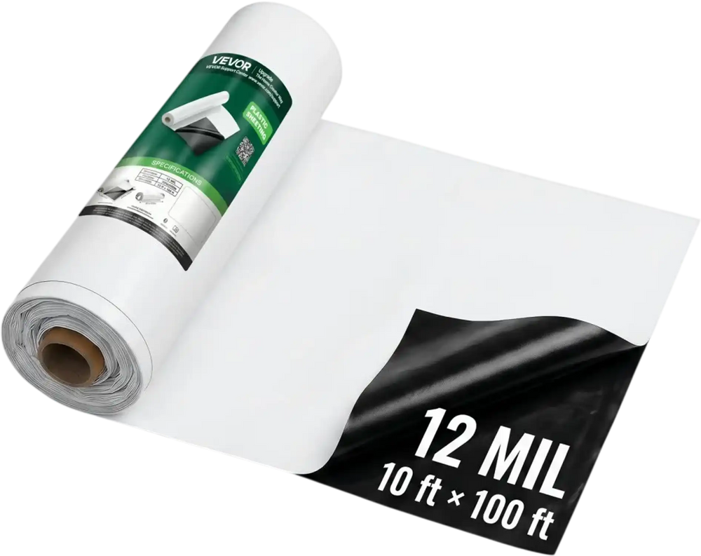 VEVOR 12 Mil Plastic Sheeting 10' x 100' Heavy Duty Thick Polyethylene Roll, Plastic Drop Cloth Painters Tarp, Polyethylene Covering for Crawl Space Vapor Barrier, Weed Control, Garden, Black & White