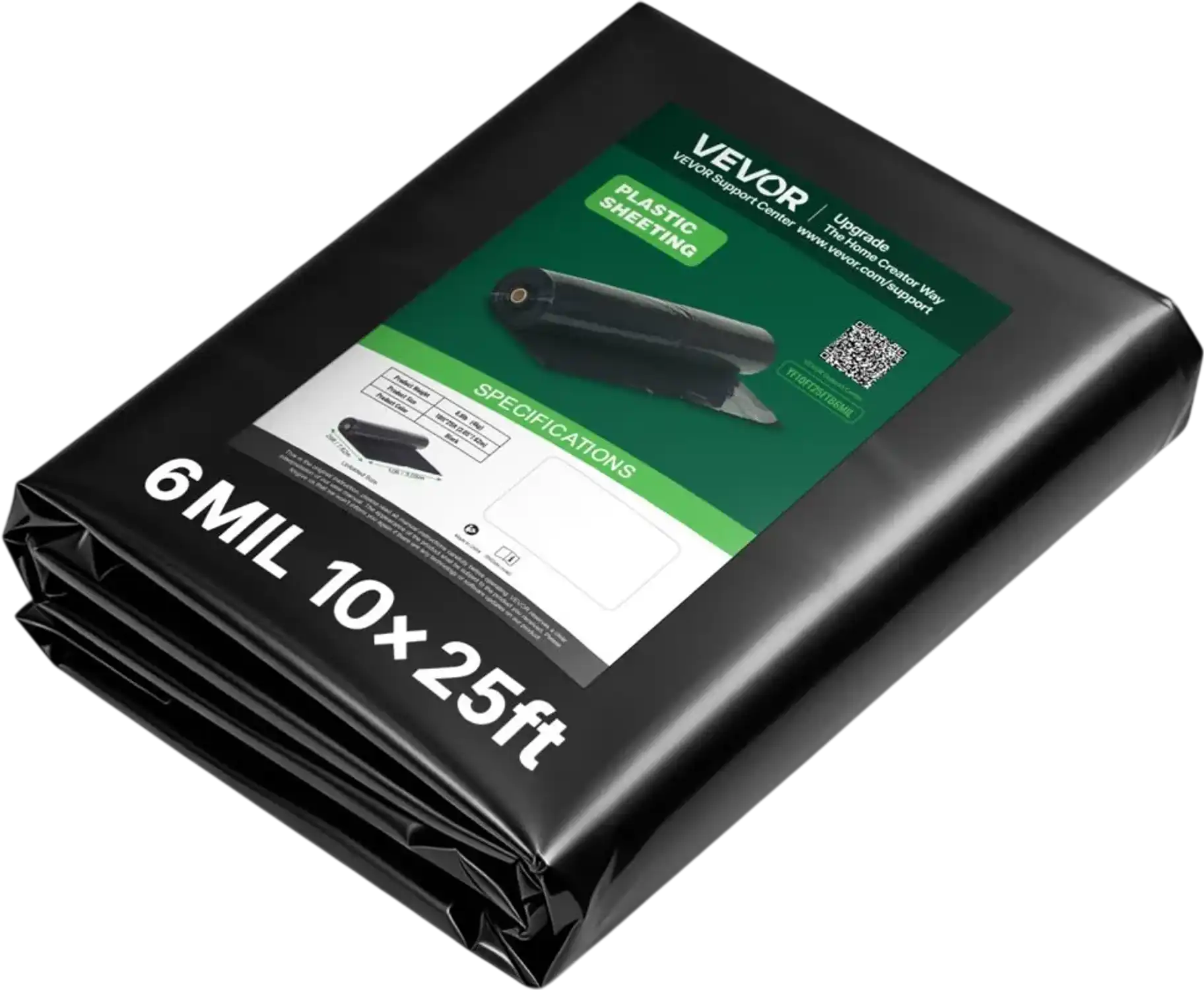 Vevor Plastic Sheeting 10' x 25' 6 Mil Black Heavy Duty Polyethylene Roll New