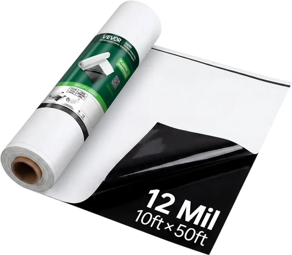 VEVOR 12 Mil Plastic Sheeting 10' x 50' Heavy Duty Thick Polyethylene Roll, Plastic Drop Cloth Painters Tarp, Polyethylene Covering for Crawl Space Vapor Barrier, Weed Control, Garden, Black & White