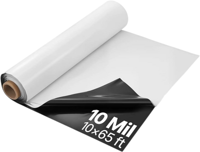 VEVOR 10 Mil Plastic Sheeting Heavy Duty 10' x 65', Thick Plastic Sheeting Roll, Plastic Drop Cloth Painters Tarp Covering for Crawl Space Vapor Barrier, Black and White Double-Sided, Multi-Purpose
