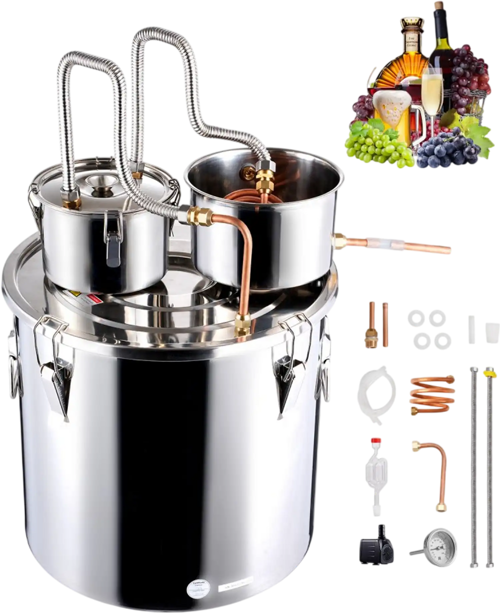 VEVOR Alcohol Still, 13.2 Gal / 50 L Stainless Steel Water Alcohol Distiller with Copper Coil for Fast Cooling, Dual Condenser Distiller Kit with Secondary Distillation, for Wine Whisky Brandy, Silver