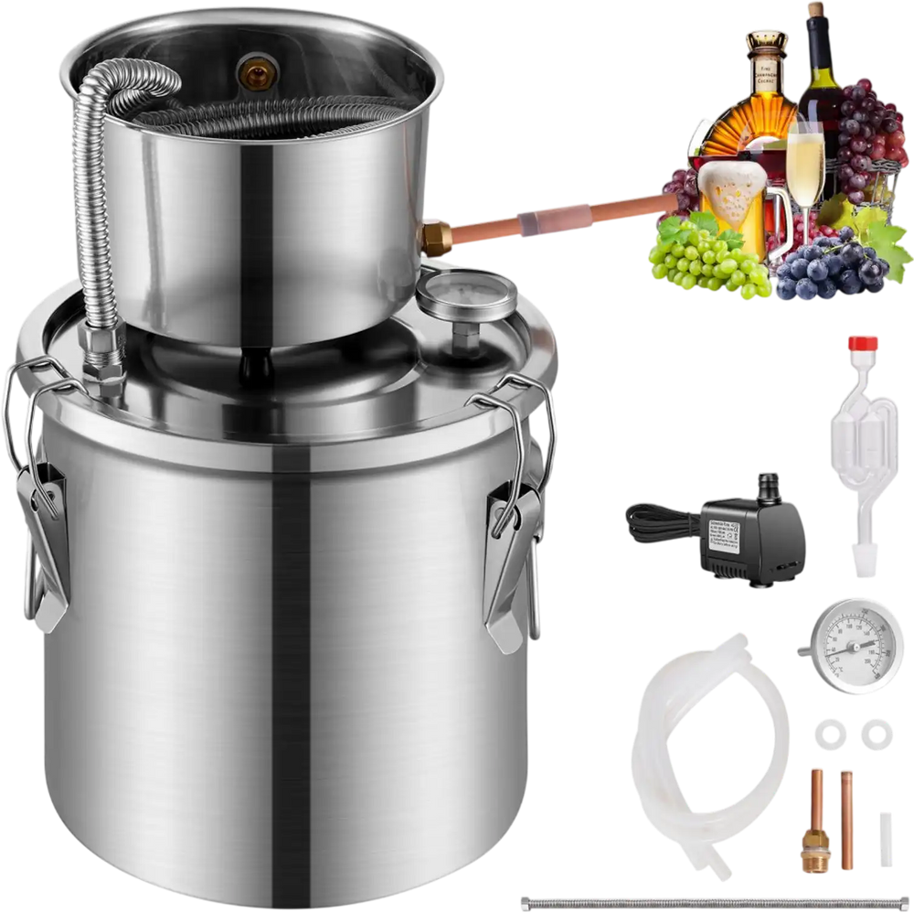 VEVOR Alcohol Still, 3 Gal / 11.4 L Stainless Steel Water Alcohol Distiller with Coil Cooling, Home Brewing Refining Fermentation Kit with Dual Display Thermometer, for Wine Whisky Brandy, Silver