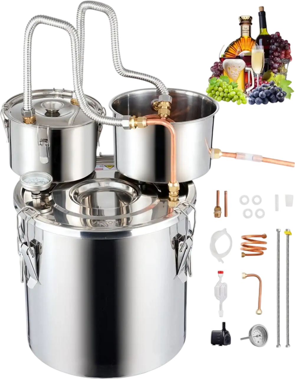 VEVOR Alcohol Still, 5 Gal / 19 L Stainless Steel Water Alcohol Distiller with Copper Coil for Fast Cooling, Dual Condenser Distiller Kit with Secondary Distillation, for Wine Whisky Brandy, Silver