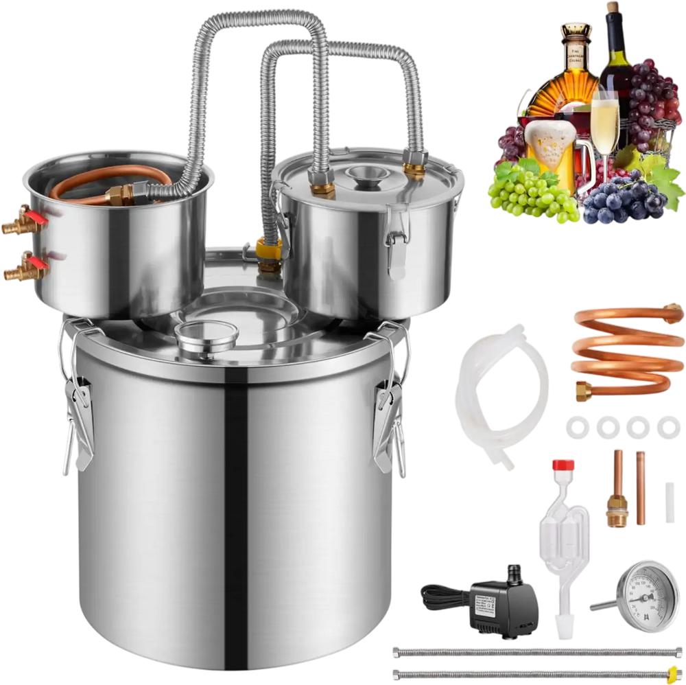 VEVOR Alcohol Still, 8 Gal / 30 L Stainless Steel Water Alcohol Distiller with Copper Coil for Fast Cooling, Dual Condenser Distiller Kit with Secondary Distillation, for Wine Whisky Brandy, Silver